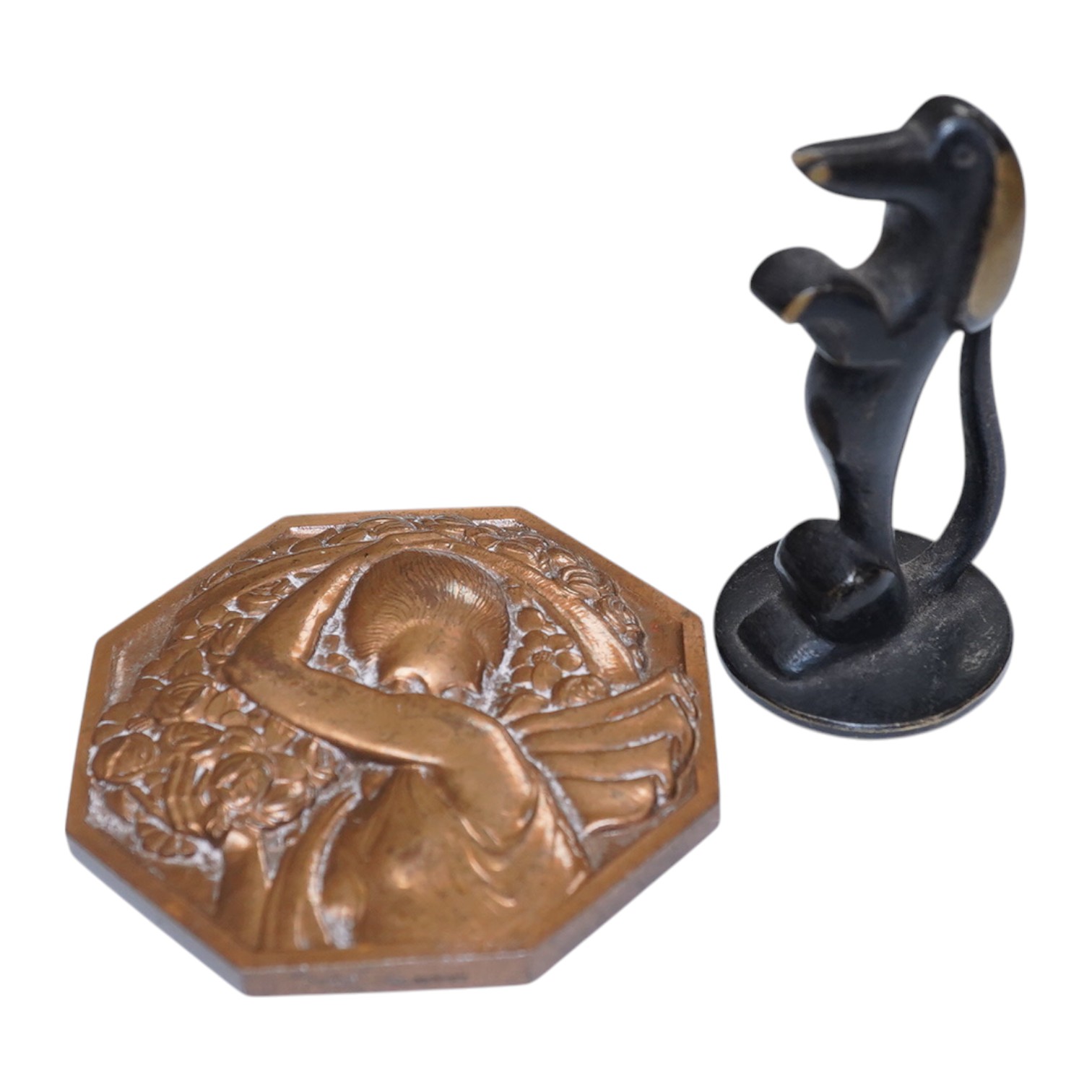 P.Turin, a small Art Deco bronze plaque and a Richard Rohac bronze dachshund. Dachshund 5cm high. Condition - good